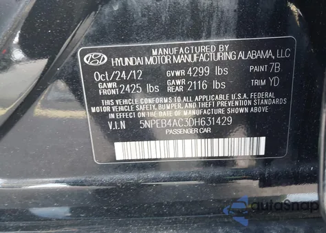 2013 Hyundai Sonata Gls z USA, uszkodzony, nr VIN 5NPEB4AC3DH631429